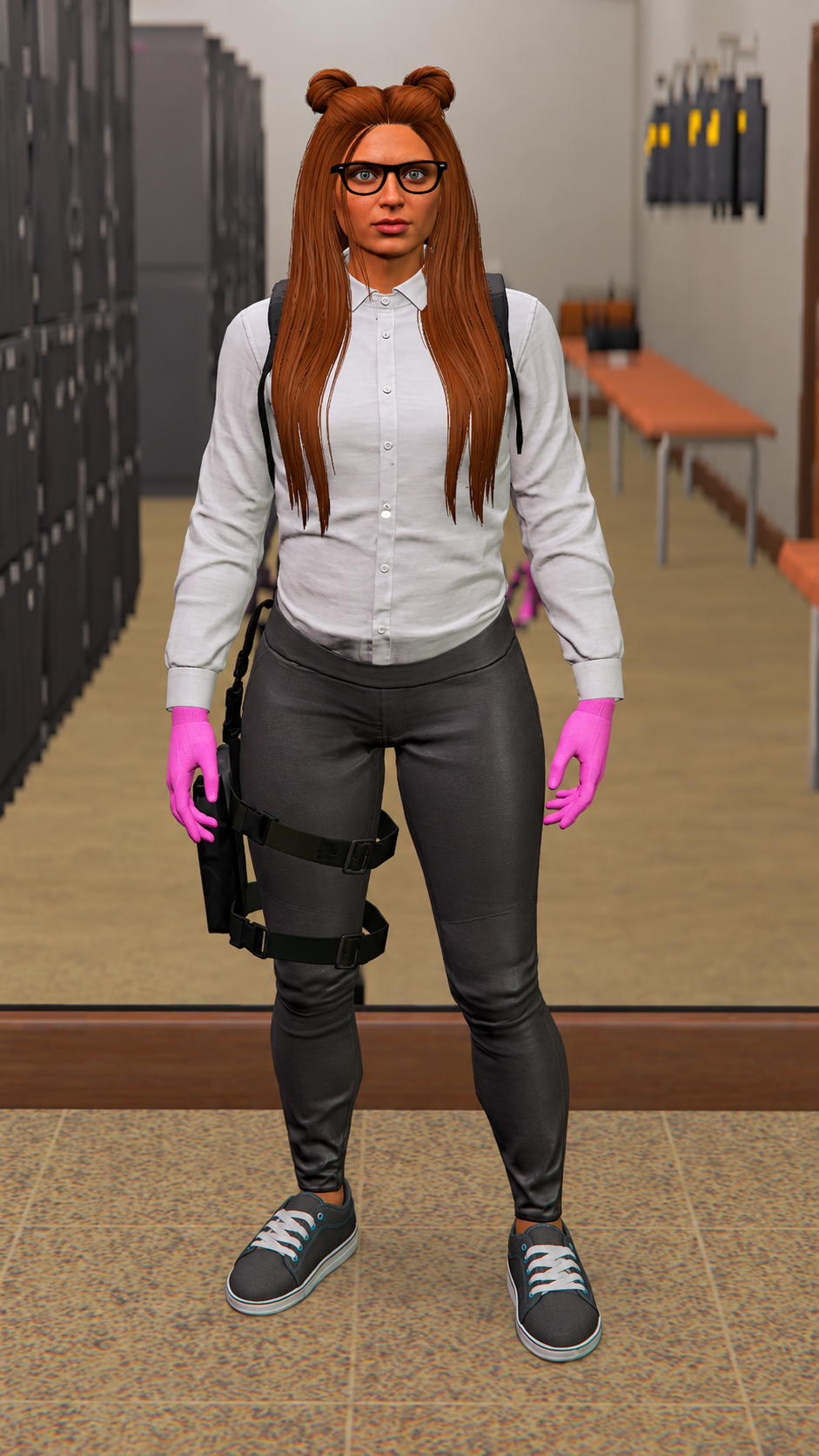 Weibliche Person mit weißem Hemd, dunkler Hose, pinken Handschuhen und dunklen Schuhen